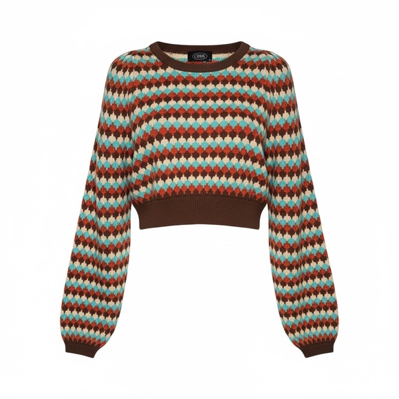 Cider Sweaters - Cider Brown Teal Ivory Cropped Knit Sweater Size Medium Retro Academia